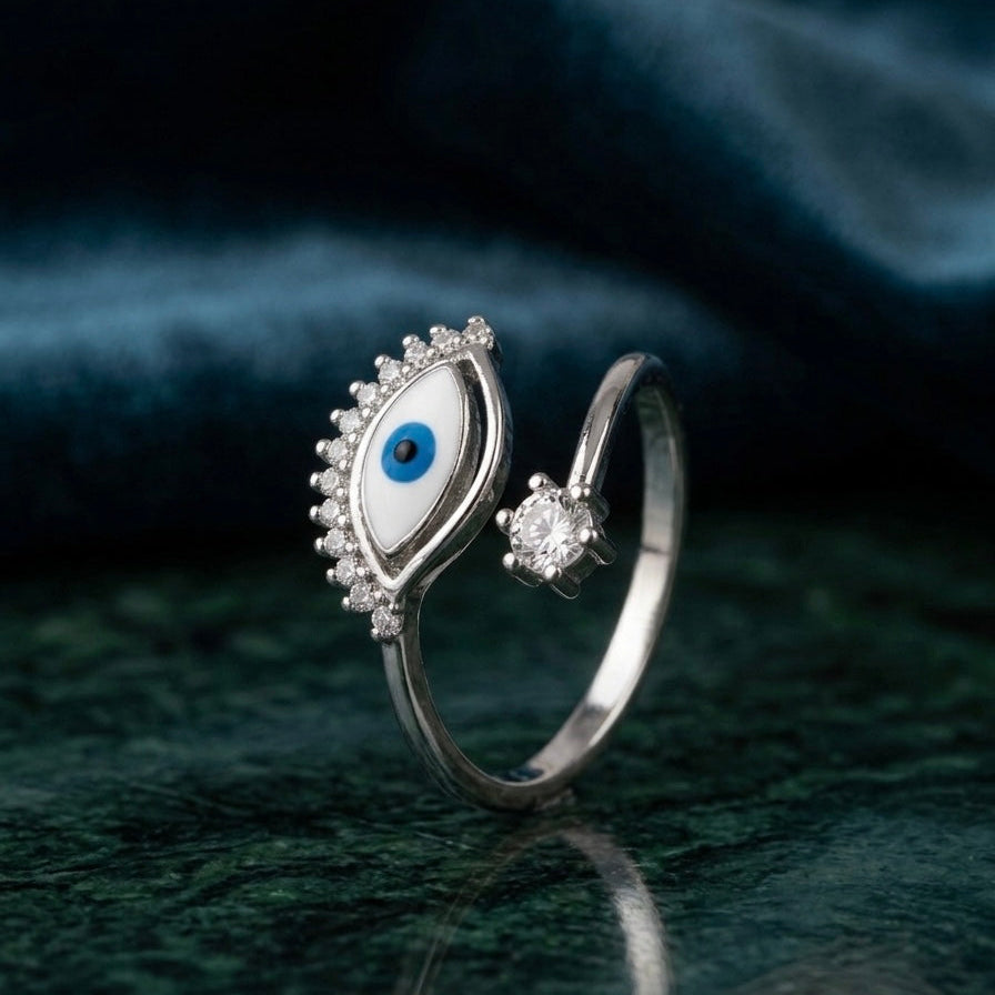Evil Eye Adjustable Ring in 925 Silver | Minimal Jewellery |925 Silver Designer Evil Eye Designer Ring | Zaviraa
