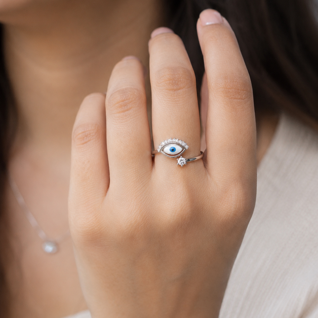 Evil Eye Adjustable Ring in 925 Silver | Minimal Jewellery |925 Silver Designer Evil Eye Designer Ring | Zaviraa