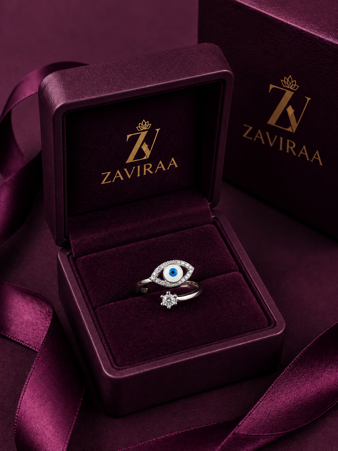 Evil Eye Adjustable Ring in 925 Silver | Minimal Jewelry | 925 Silver Designer Evil Eye Designer Ring | Zaviraa