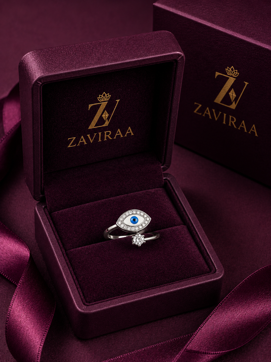 Evil Eye Silver Ring | 925 Sterling Silver Evil Eye Adjustable Ring with Solitaire | Open Adjustable Ring for Women & Girls |Zaviraa