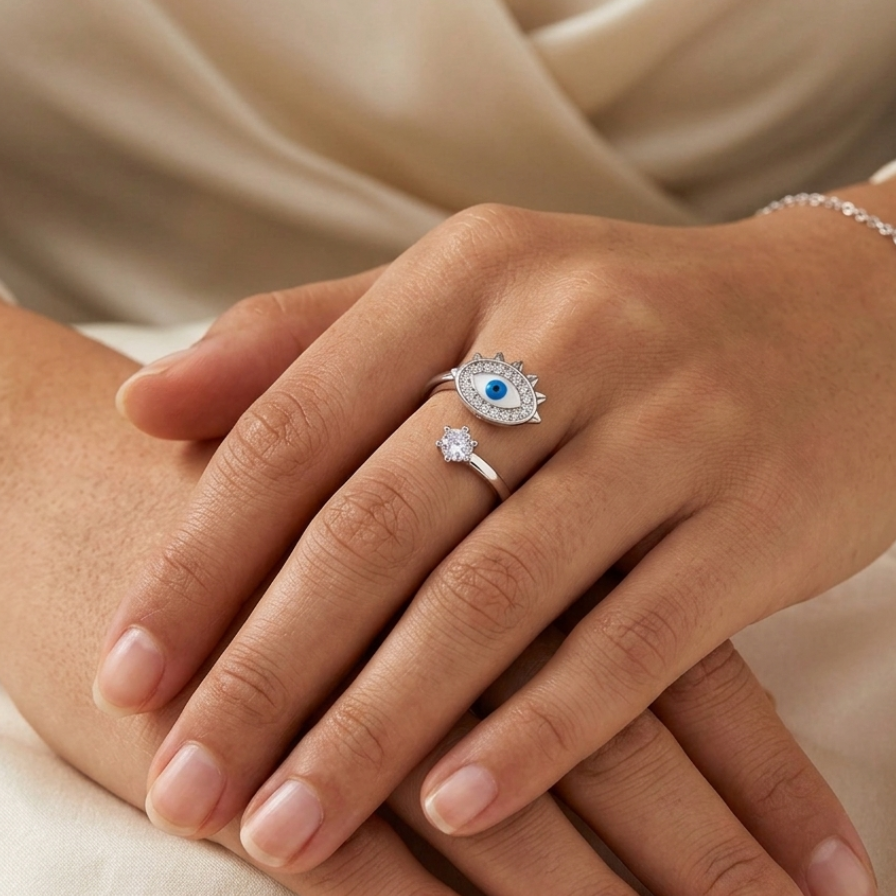 Evil Eye Ring | Minimal 925 Silver Nazar Protection Ring | 925 Sterling Silver Evil Eye Jewellery | Zaviraa