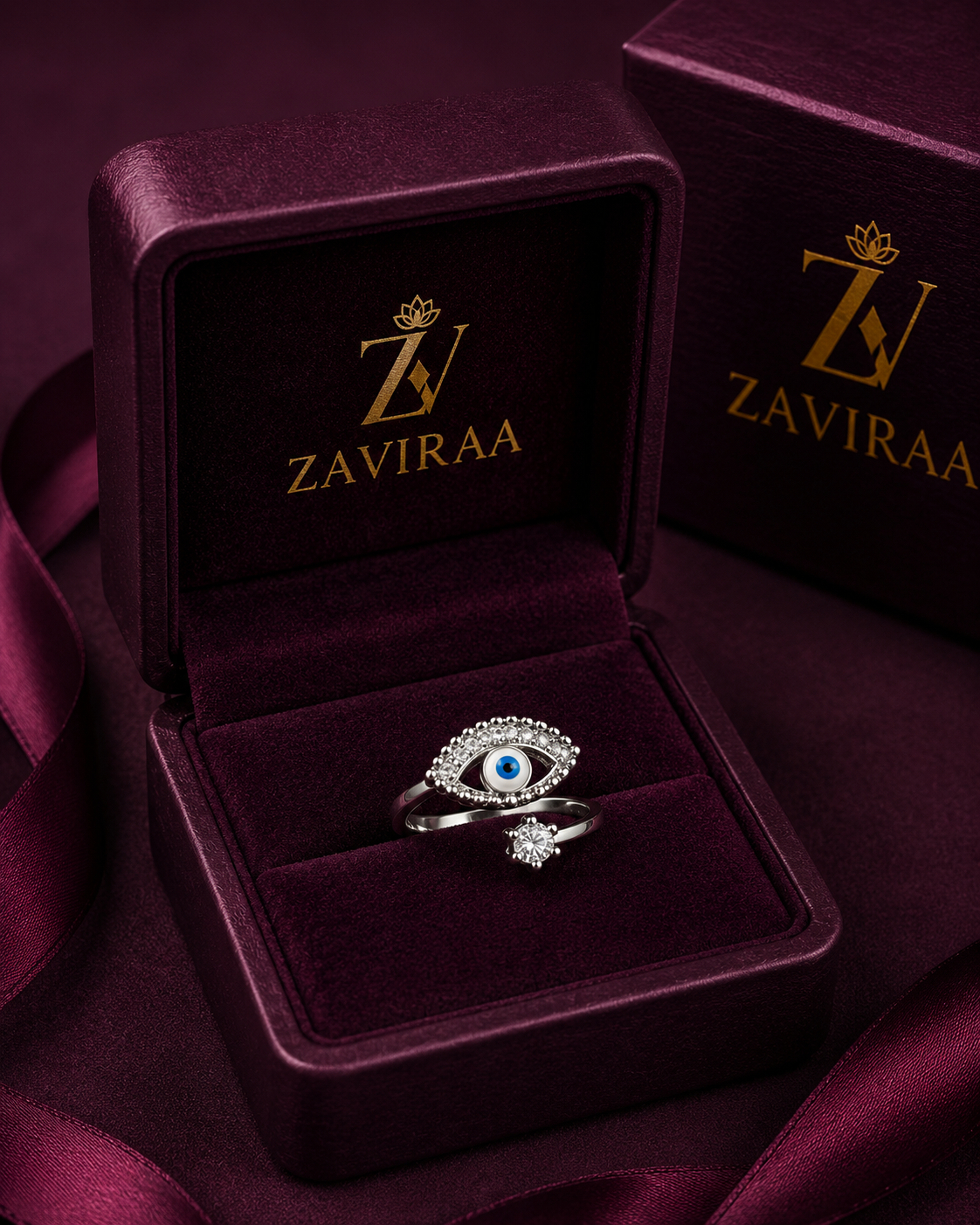 Evil Eye Ring |925 Sterling Silver Lucky Evil Eye Adjustable Ring | Elegant Open Ring for Women | Zaviraa