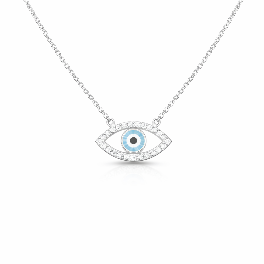 Silver necklace with eye-shaped pendant on a white background