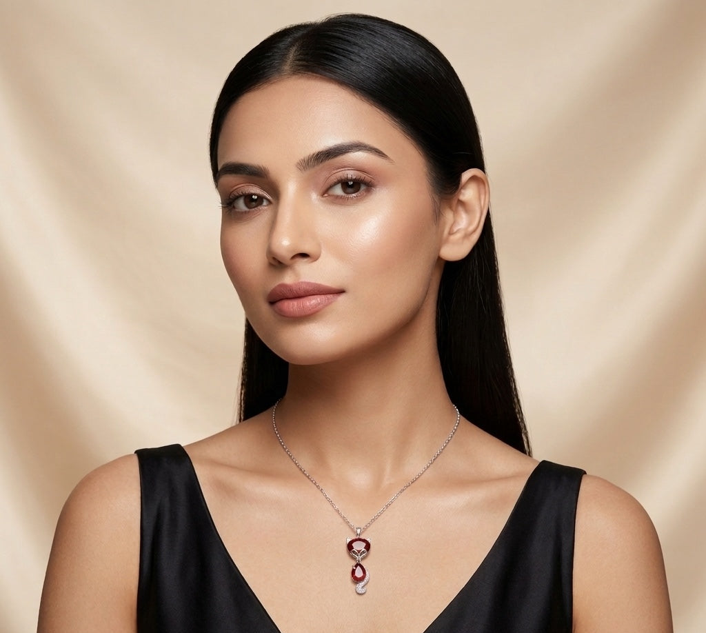 Woman wearing a black dress and a necklace with a red gemstone on a beige background