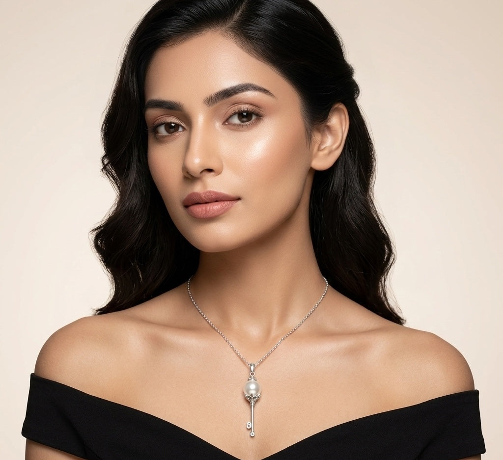 Woman wearing a black off-shoulder top and a silver necklace with a pendant on a beige background