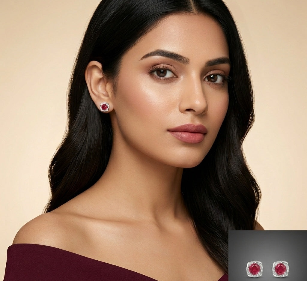 Woman wearing red gemstone earrings with a beige background